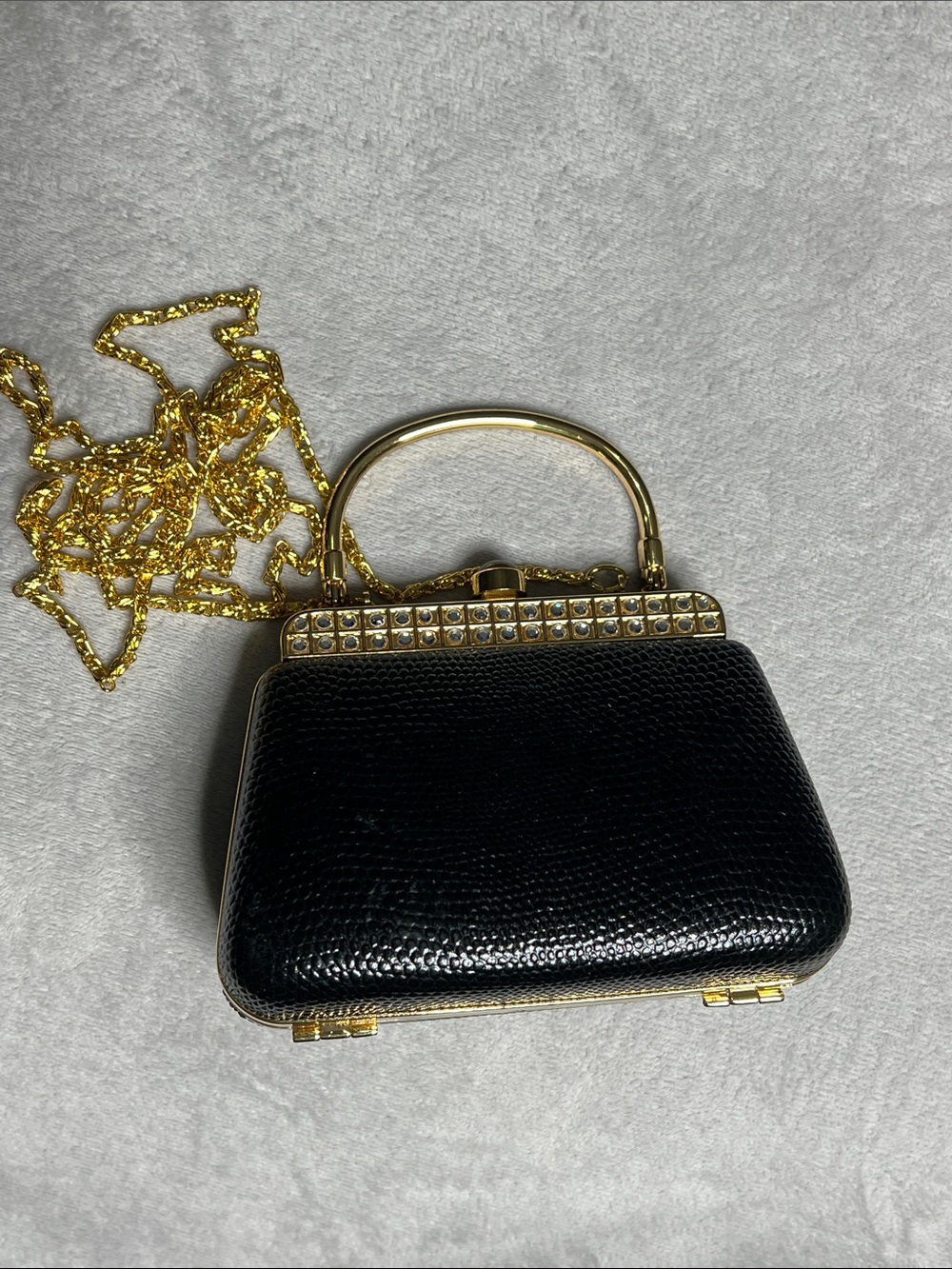 Black Faux Lizard Top-Handle Evening Bag with Gold Chain - MCM Art Deco